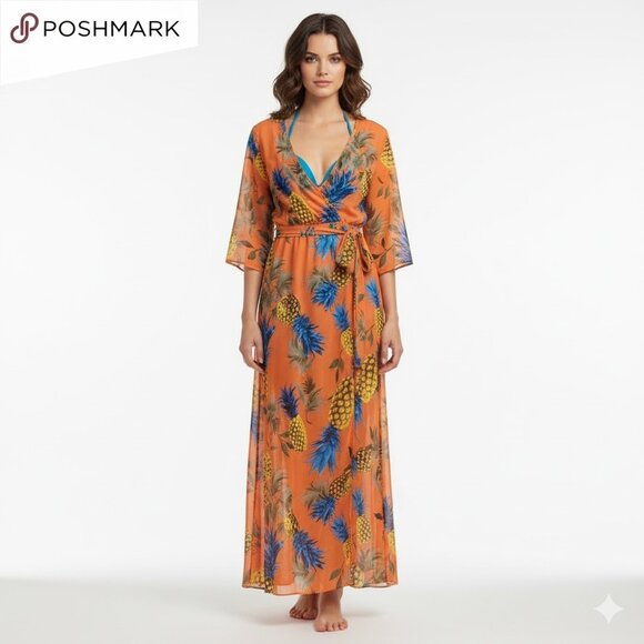 Tropical Pineapple Print Sheer Maxi Dress/Cover Up - Picture 1 of 4